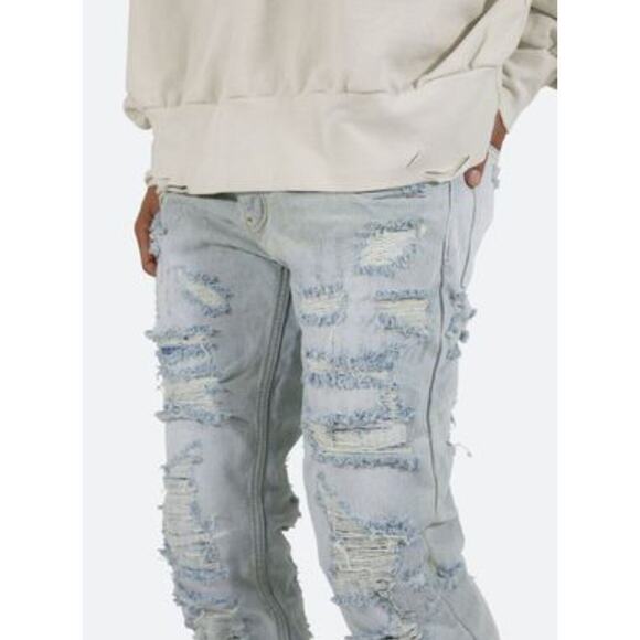 MNML Mens D276 Straight Button Fly Stretch Light Blue Distressed Patch Size 30 - Picture 3 of 6